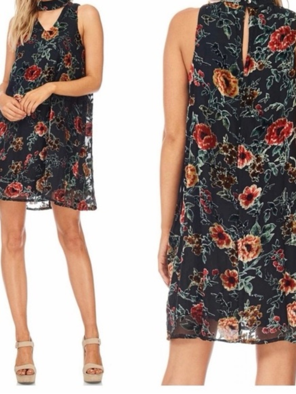 She + Sky Black Floral Velvet Burnout Sleeveless Dress
